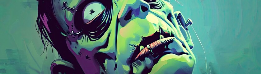 Abstract digital illustration of a green-skinned zombie with a haunting stare, perfect for horror, fantasy themes or Halloween projects.