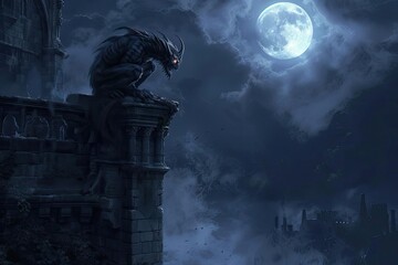 Mystical gargoyle perched on a gothic cathedral, silhouetted against a full moon under a dark, cloudy night sky.