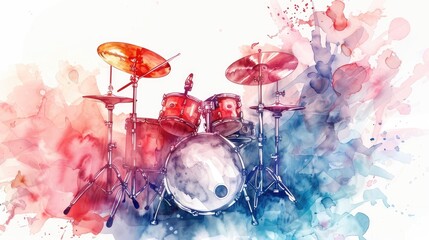 A vibrant watercolor illustration of a drum set, blending colorful splashes and abstract forms to create a dynamic artistic piece