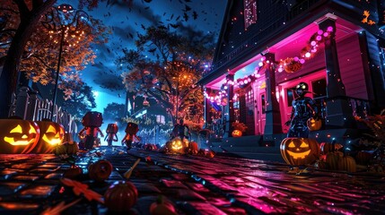Spooky Halloween night with decorated houses, glowing pumpkins, and costumed children trick-or-treating on a lit neighborhood street.