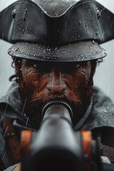 Fototapeta premium Design an illustration of a pirate's hat and face in front; with a pirate ship background; a cannon firing behind his head; dark stormy sea around; the pirate facing the camera;