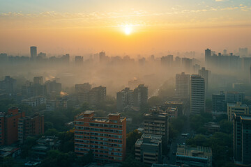 Fototapeta premium Vehicles navigate through a mist-covered city street lined with high-rise buildings under a dusky sky.