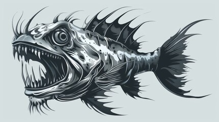 Fantastic marine dangerous fish isolated in monochrome. Modern aquatic beast monsters, fantasy underwater animals, sea dragon ocean leviathans.