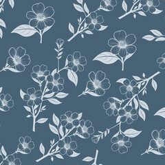 Floral seamless background vector illustration with flowers, leaves and twigs on a dark blue background