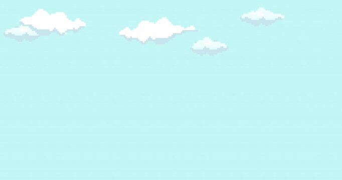 Animation of old style pixel game. Pixel art game background. Ground, grass, sky, tree, clouds and stars. Pixel art Game Design 8 bit video vector. Old school background for game.	