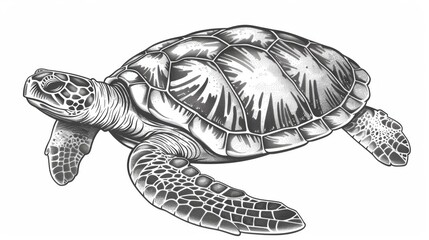 Fototapeta premium Isolated monochrome sketch of a wood turtle. Modern caretta ocean terrapin, aquarium pet and sea reptile mascot. Loggerhead sea turtle, reptile and nautical tortoise.