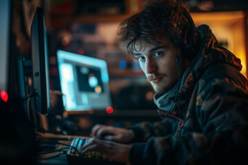 Intently focused young man programming with code visible on dual monitors in a home office setup.