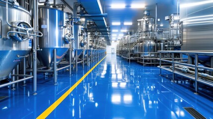 Fototapeta premium Industrial Cleanliness, Shiny stainless steel machinery in a modern factory, High-Tech Facility