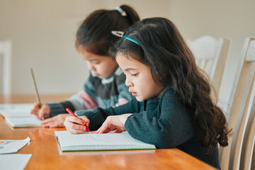 Learning, writing and children with homework, education and english assignment for child...