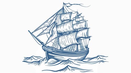 Naklejka premium Modern nautical vessel galeon, sailboat war ship on sea, on waves around a brigantine.