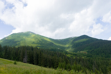 Fototapeta premium beautiful landscape in the mountains silhouettes of peaks, forest, trees,sun rays, travel, in green tones, Carpathian, blue clouds, green grass, hiking in the mountains, poster, wallpaper