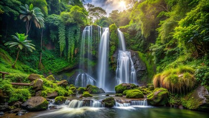 Majestic tropical waterfall cascades down moss-covered rocks surrounded by lush greenery and vines in a serene jungle landscape atmosphere.