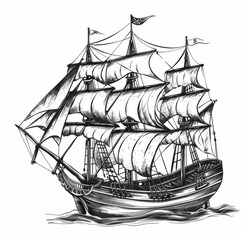 A modern vintage old nautical vessel with canvas, sailing ship brigantine atop the sea waves.