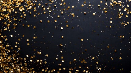 Black background with gold confetti, simple and festive, minimalistic design, ultra HD high quality