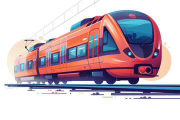 Illustration of a modern orange train in motion on railroad tracks with a white background and abstract elements.