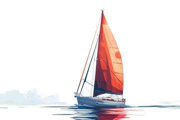 Fototapeta premium A vibrant sailboat glides over calm water with a stunning red sail against a clear sky, symbolizing adventure and freedom.