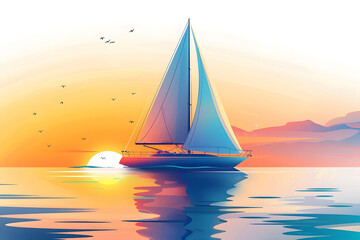Fototapeta premium Sailing boat on calm water at sunset, mesmerizing sky with vibrant colors, peaceful horizon, serene scene perfect for relaxation or travel themes.