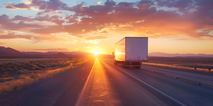 Trailer color blanco con caja en carretera en un hermoso atardecer 