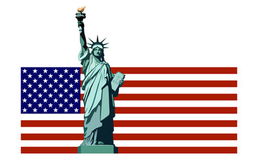 Naklejka premium Statue of Liberty monument, background of the USA flag, poster. 150 years. July 4 is the Independence Day of the USA. Green design. Holiday, welcome to America. New York symbol. Vector illustration 