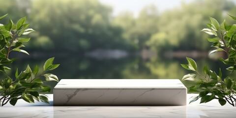 Marble Platform Against a Blurred Green Background