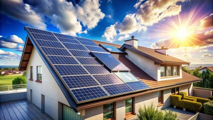Fototapeta premium Rooftop array of sleek solar panels installed on modern house with blue sky and fluffy white clouds in background.
