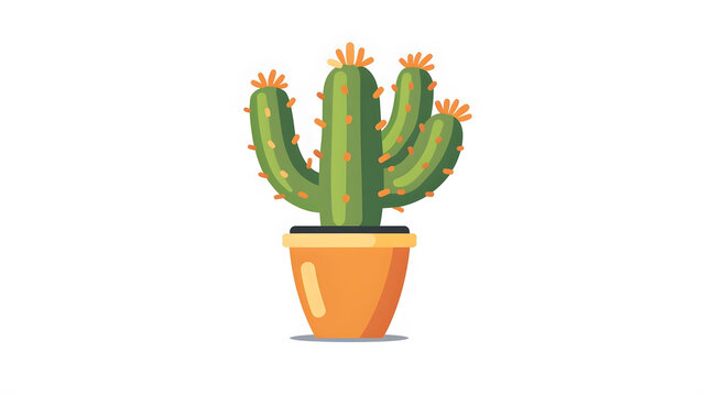 Fototapeta Illustration of a green cactus plant with small flowers in an orange pot, isolated on a white background. Perfect for botanical themes and decor.