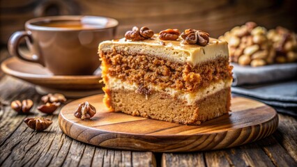 Moist, fluffy, golden-brown coffee and walnut cake slice on a rustic wooden plate, blurred background, warm natural light.