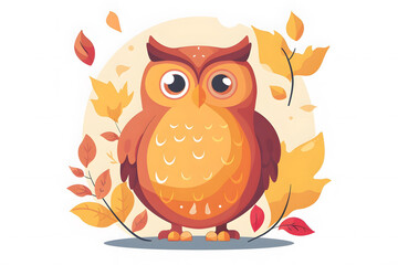 Fototapeta premium Cute, colorful cartoon owl surrounded by autumn leaves. Perfect for fall-themed designs or educational materials.