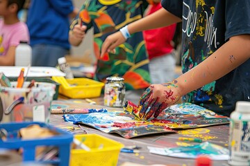 Children enjoy creating colorful paintings using their hands at a lively art workshop filled with various art supplies and vibrant activity.