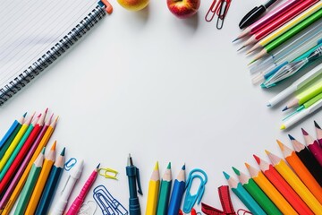 Fototapeta premium Colorful stationery and school supplies arranged in a circle, with a blank white space in the center. Perfect for back-to-school themes.