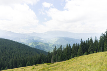 landscape sky forest in the mountains on a sunny summer day mountain silhouettes, fog, wallpaper, poster, cover, nature of the Carpathian mountains, green, natural beauty, vacation, outdoor activities