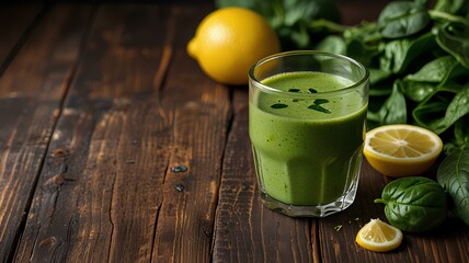 Fototapeta premium Healthy green smoothie with spinach, lemon, Healthy green smoothie in a glass with ingredients on wooden background.