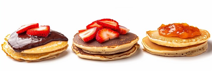 3 delicious pancakes with different fillings, chocolate and strawberry jam or apricot paste on white background