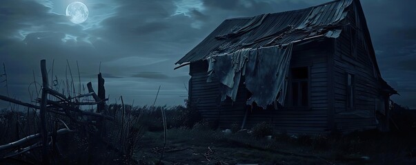 A spooky abandoned house under a moonlit night with eerie surroundings and old wooden fence, ideal for horror and mystery themes.