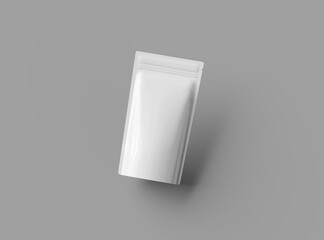 3D render of a glossy generic, narrow doypack packaging with a zipper on a light background