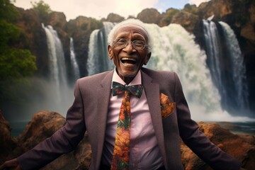 Portrait of a happy afro-american elderly man in his 90s dressed in a stylish blazer isolated on backdrop of a spectacular waterfall