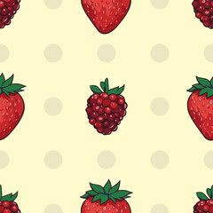 Seamless vector pattern with berries on polka dot background