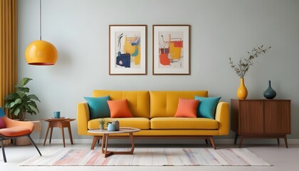 A Modern colorful home mockup sofa wall template ideas creativity home interior concept colorful wall and decorative propr decorate in living room daylight. Generative AI