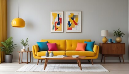 Fototapeta premium A Modern colorful home mockup sofa wall template ideas creativity home interior concept colorful wall and decorative propr decorate in living room daylight. Generative AI