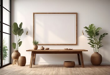 Mock up frame in home interior background, white room with natural wooden table and decor, 3d render