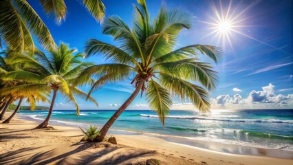 Sunny beach scene with palm trees, clear blue sky, and calm ocean waves crashing against the sandy shoreline background.