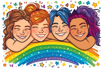 Cheerful digital illustration of friends under a rainbow, vibrant and joyful