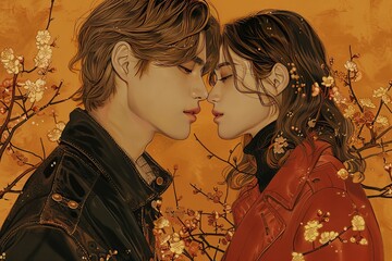 Artistic digital painting of a couple, warm colors and tender mood