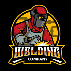 welder working with weld helmet in badge design style