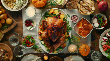 Thanksgiving/Christmas dinner table, flat lay with autumn food, candles, roasted turkey and pumpkin pie, fruits, salad, mood candles on wooden table.