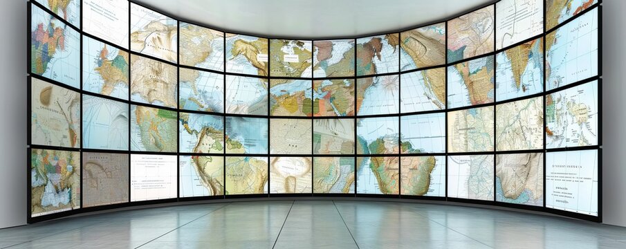 A large curved digital display wall featuring multiple screens that showcase detailed maps of different regions around the world The maps are presented with a clean and modern desi