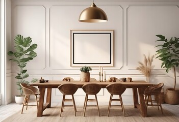 Mock up frame in home interior background, white room with natural wooden table and decor, 3d render