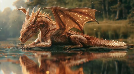 A beautiful brown dragon with metallic coppery iridescent scales, standing majestically on a cliff, two symmetrical wings spread wide, glowing sunset in the background