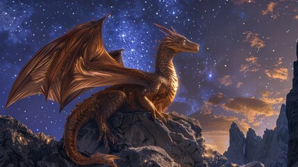 A beautiful brown dragon with metallic coppery iridescent scales, standing majestically on a cliff, two symmetrical wings spread wide, glowing sunset in the background