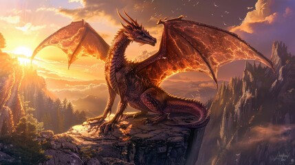 A beautiful brown dragon with metallic coppery iridescent scales, standing majestically on a cliff, two symmetrical wings spread wide, glowing sunset in the background